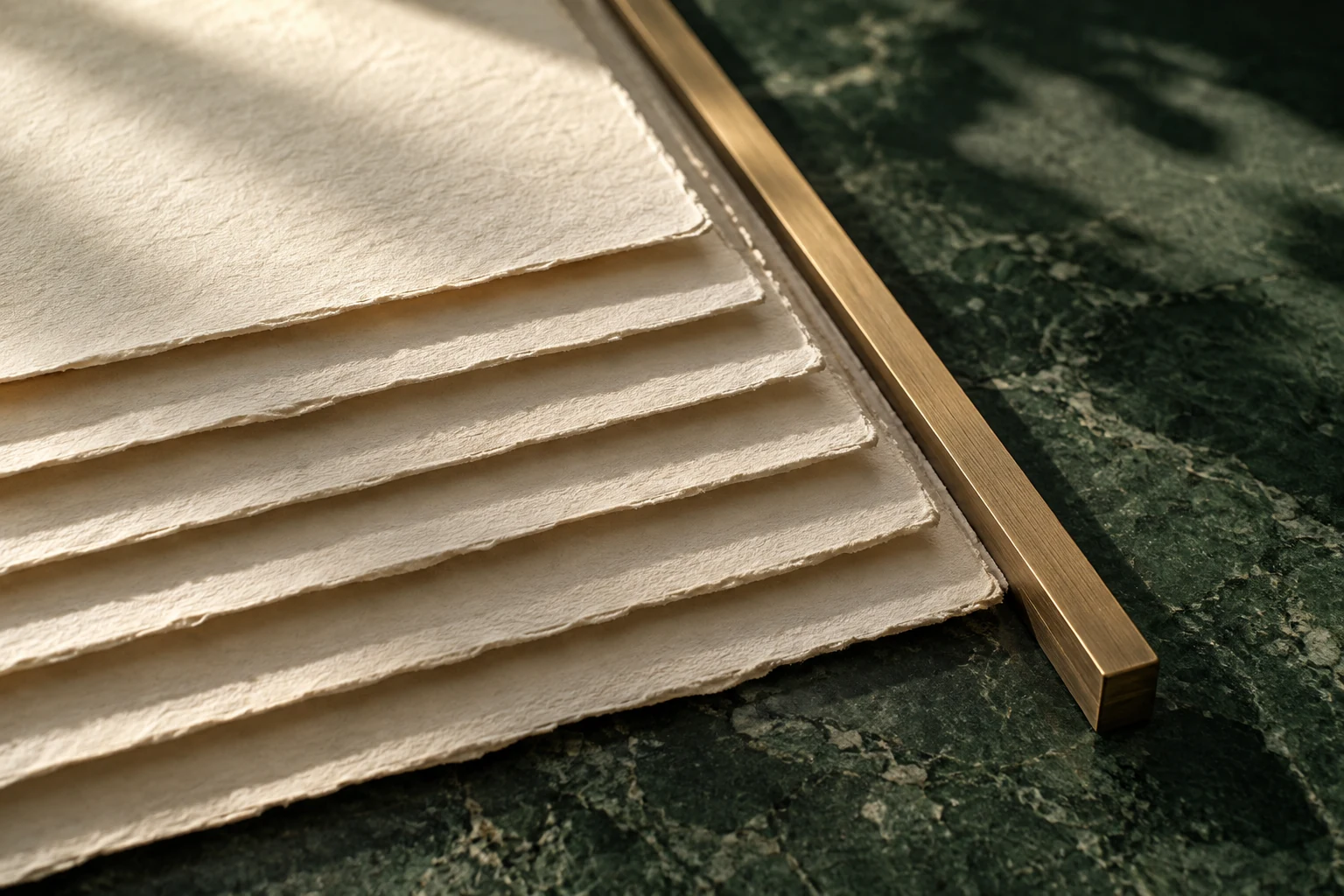 Seis folhas de papel de algodão alinhadas ao lado de uma régua de latão sobre pedra verde.