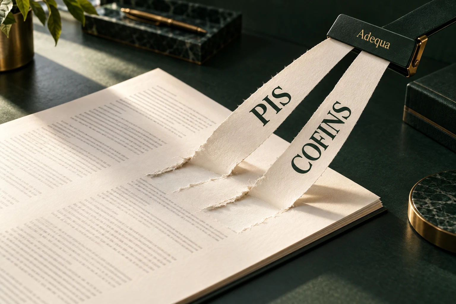 Arte conceitual: tiras de papel com PIS e COFINS se desprendem de um contrato, puxadas por uma peça com a marca Adequa.